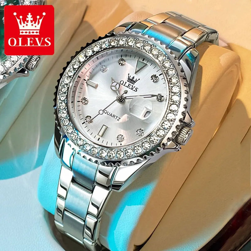 OLEVS-Relógio de quartzo feminino impermeável com diamante, senhoras elegantes relógios, relógio de pulso de aço inoxidável, moda original