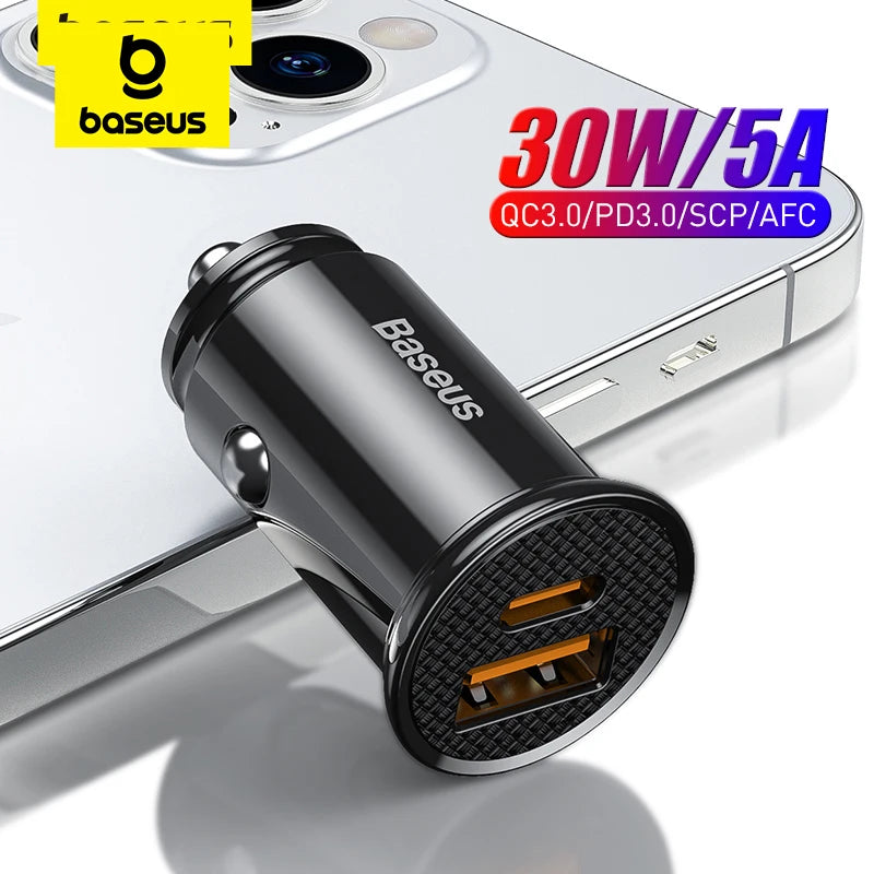 Baseus-Carregador USB de Carregamento Rápido para Automóveis, PD para Xiaomi, iPhone 12, 13, 14, 15 Pro, Carregamento Rápido 4.0, 3.0, FCP, SCP, 30W