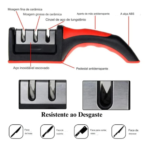 Afiador de Faca Multifuncional, Pedra Preta, 3 Segmentos, Cozinha, Casa
